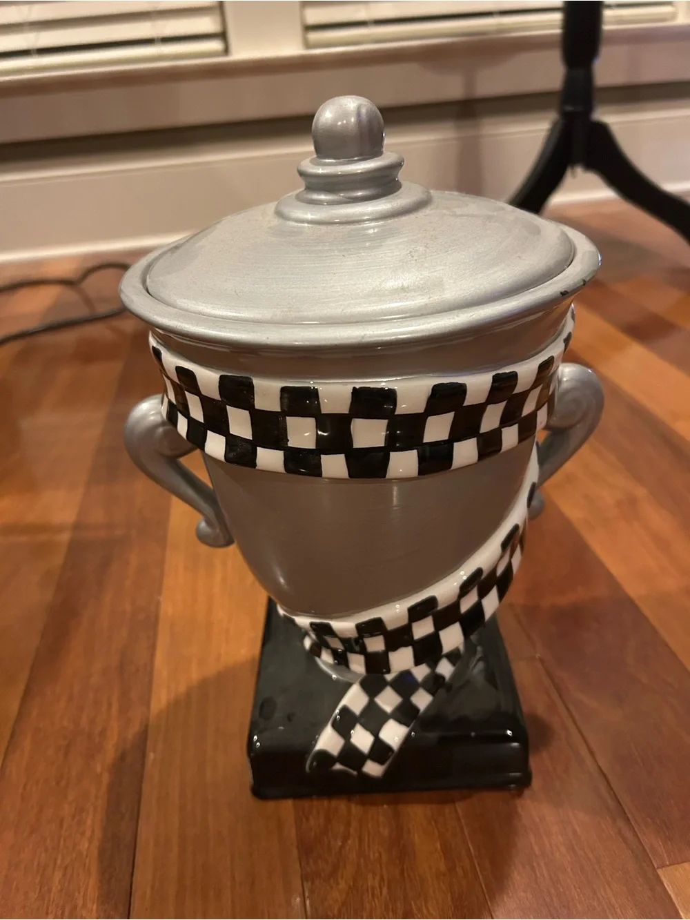 Gibson Vintage Nascar Trophy Cookie Jar 2002 with Black Checkers and Blue Ribbon